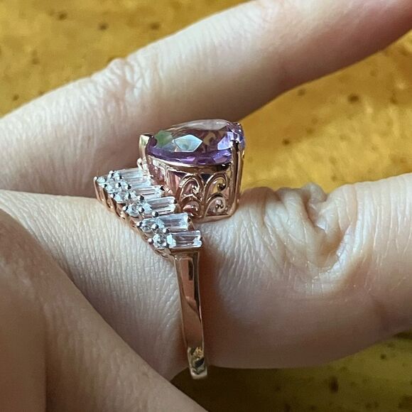 Natural Rose de France Amethyst Sterling Silver Chevron Heart Ring Size 6 - Picture 3 of 9